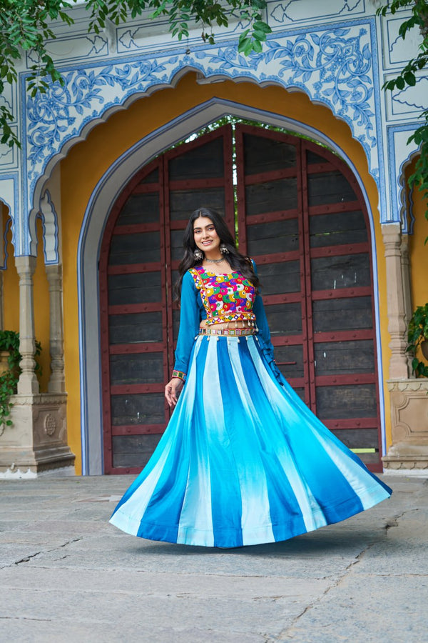 Sky Blue Navratri Special Chinnon Pedding Lehenga Choli with Kutchi Gamthi Embroidery ClothsVilla