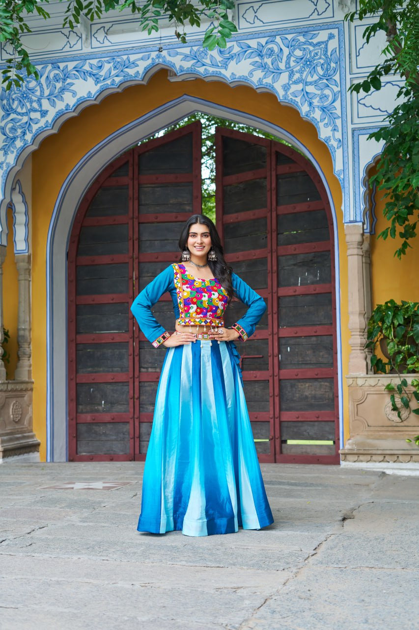 Sky Blue Navratri Special Chinnon Pedding Lehenga Choli with Kutchi Gamthi Embroidery ClothsVilla Main image