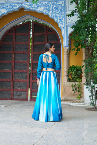 Sky Blue Navratri Special Chinnon Pedding Lehenga Choli with Kutchi Gamthi Embroidery ClothsVilla