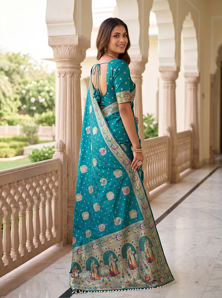 Sky Blue Nylon Satin Zari Weaving Saree ClothsVilla