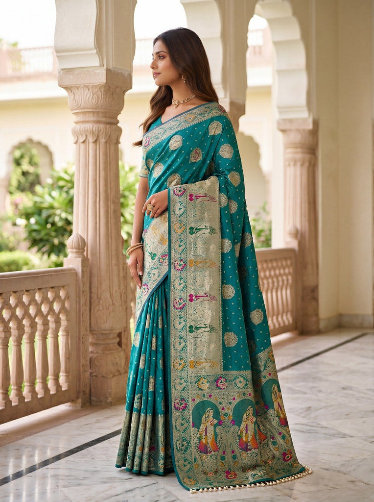 Sky Blue Nylon Satin Zari Weaving Saree ClothsVilla