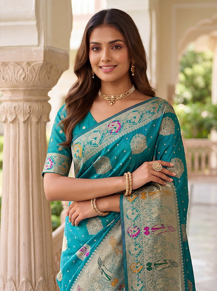 Sky Blue Nylon Satin Zari Weaving Saree ClothsVilla