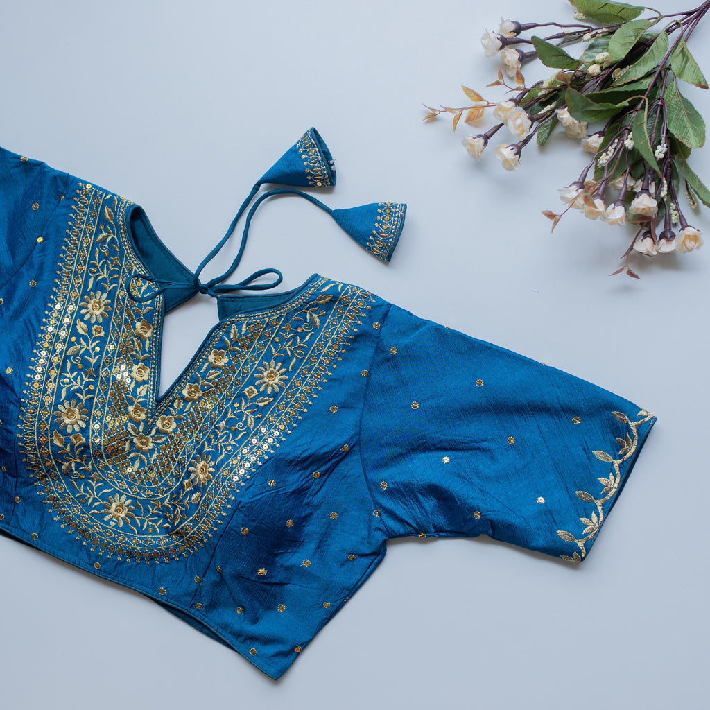 Sky Blue Olive Silk Blouse with Golden Embroidery and Sequence Accents ClothsVilla