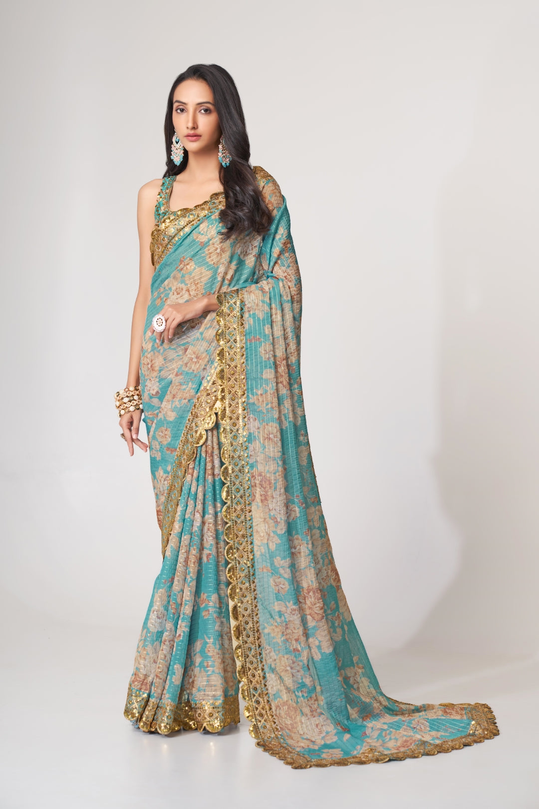 Sky Blue Organza Saree with Sequin Embroidery and Digital Print ClothsVilla
