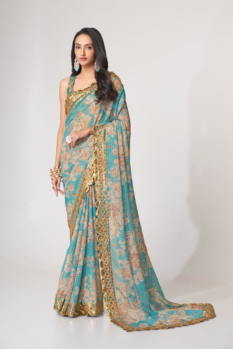 Sky Blue Organza Saree with Sequin Embroidery and Digital Print ClothsVilla Main image