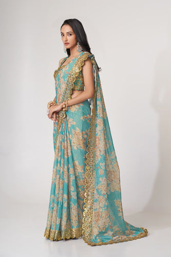 Sky Blue Organza Saree with Sequin Embroidery and Digital Print ClothsVilla