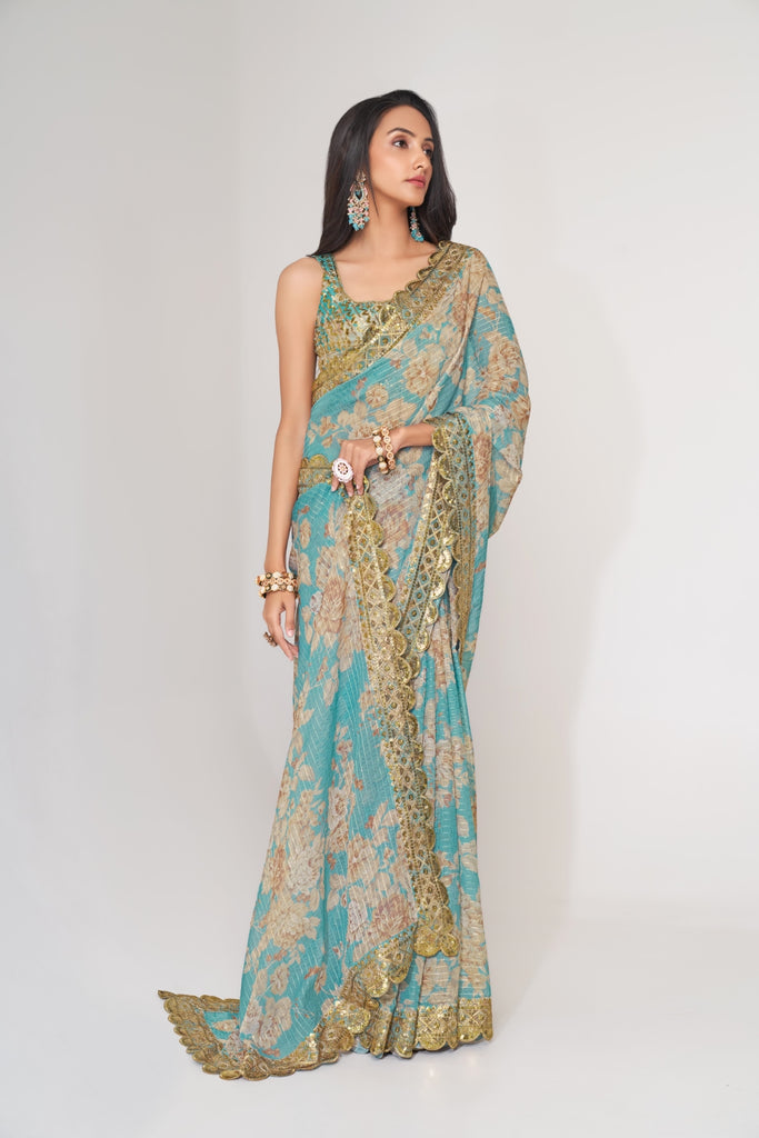 Sky Blue Organza Saree with Sequin Embroidery and Digital Print ClothsVilla