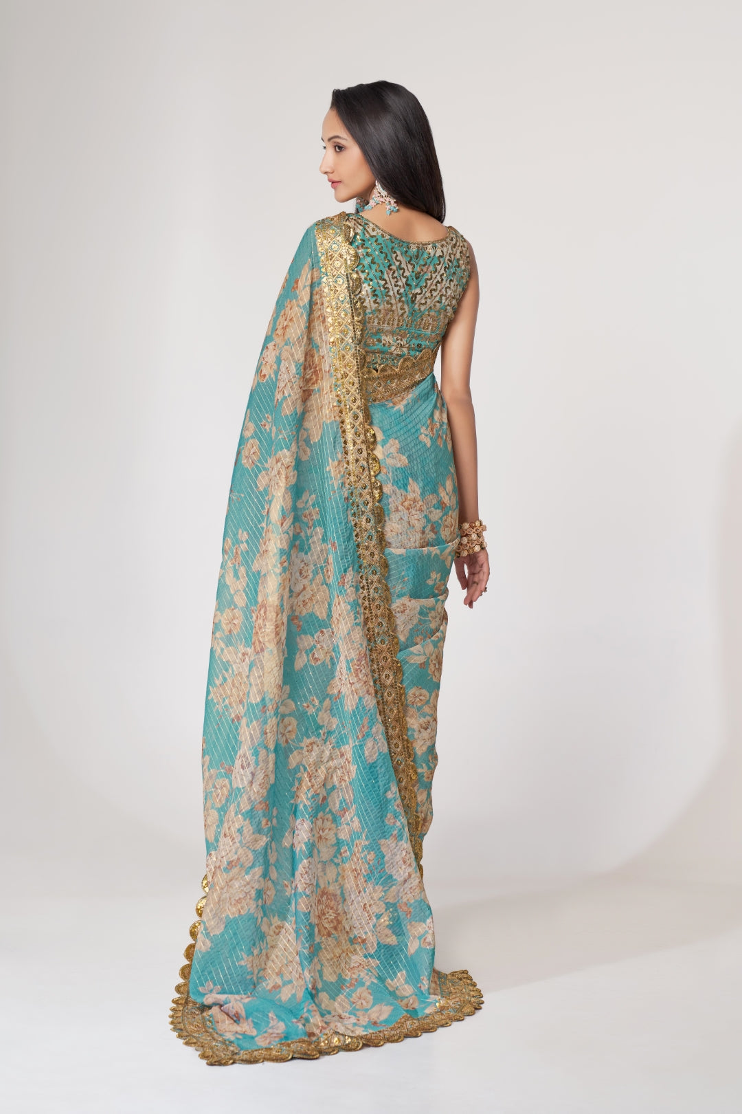 Sky Blue Organza Saree with Sequin Embroidery and Digital Print ClothsVilla