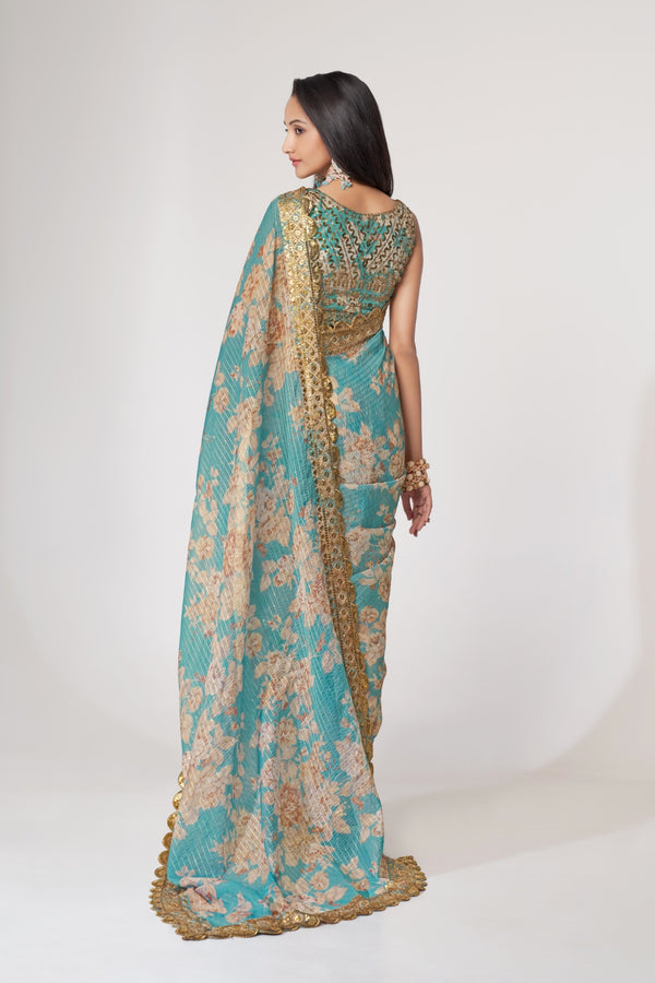 Sky Blue Organza Saree with Sequin Embroidery and Digital Print ClothsVilla