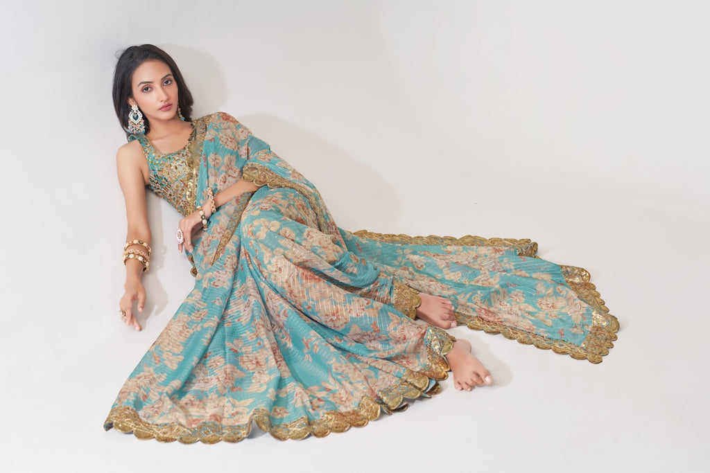 Sky Blue Organza Saree with Sequin Embroidery and Digital Print ClothsVilla