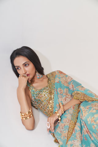 Sky Blue Organza Saree with Sequin Embroidery and Digital Print ClothsVilla