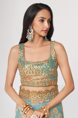 Sky Blue Organza Saree with Sequin Embroidery and Digital Print ClothsVilla