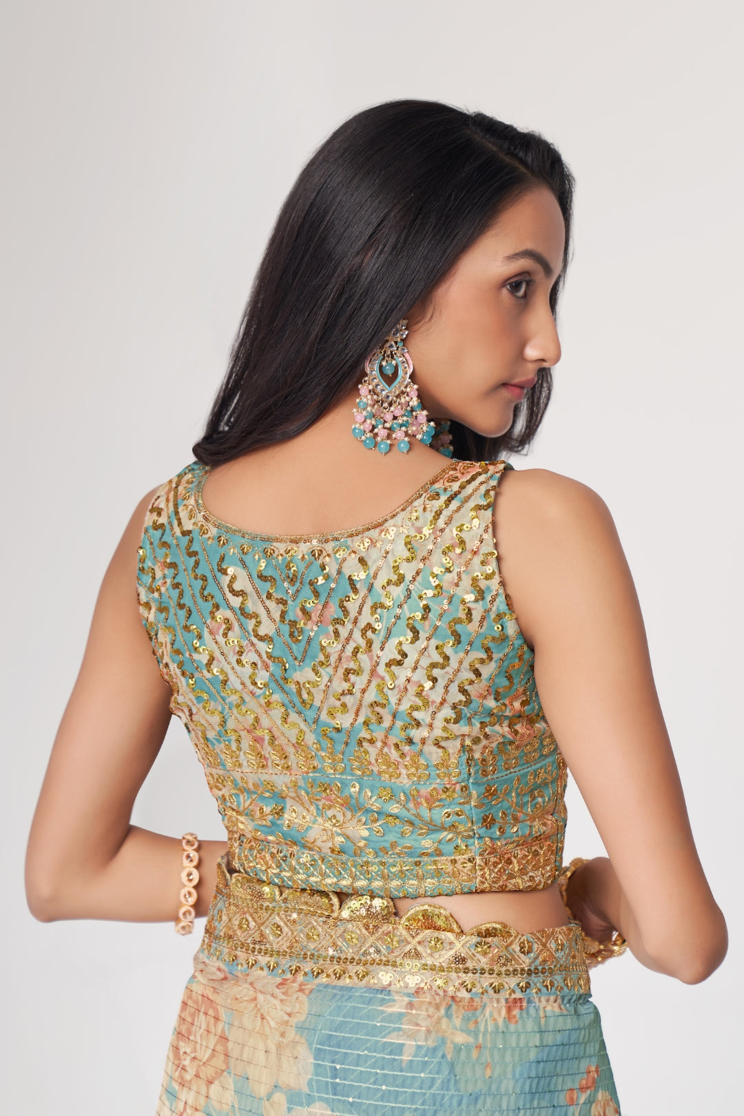 Sky Blue Organza Saree with Sequin Embroidery and Digital Print ClothsVilla