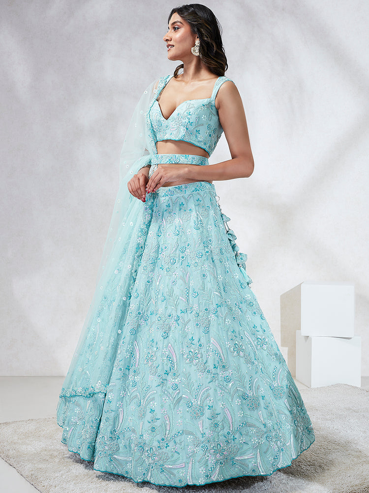 Sky Blue Organza Sequins embroidery Lehenga choli & Dupatta ClothsVilla