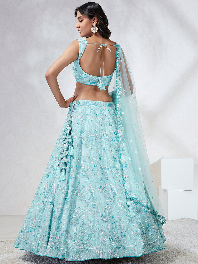 Sky Blue Organza Sequins embroidery Lehenga choli & Dupatta ClothsVilla