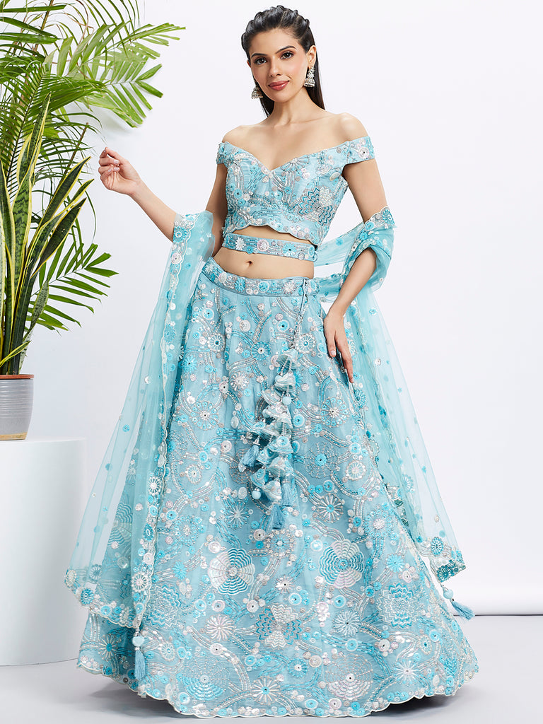 Sky blue Organza Sequins, Zarkan and thread embroidery Semi-Stitched Lehenga choli & Dupatta ClothsVilla