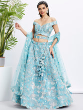 Load image into Gallery viewer, Sky blue Organza Sequins, Zarkan and thread embroidery Semi-Stitched Lehenga choli &amp; Dupatta ClothsVilla