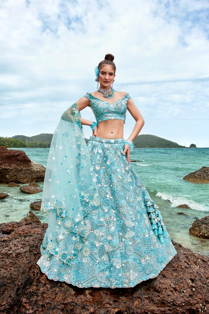 Turquoise Blue Organza Zarkan Sequin Embroidery Lehenga Choli & Dupatta