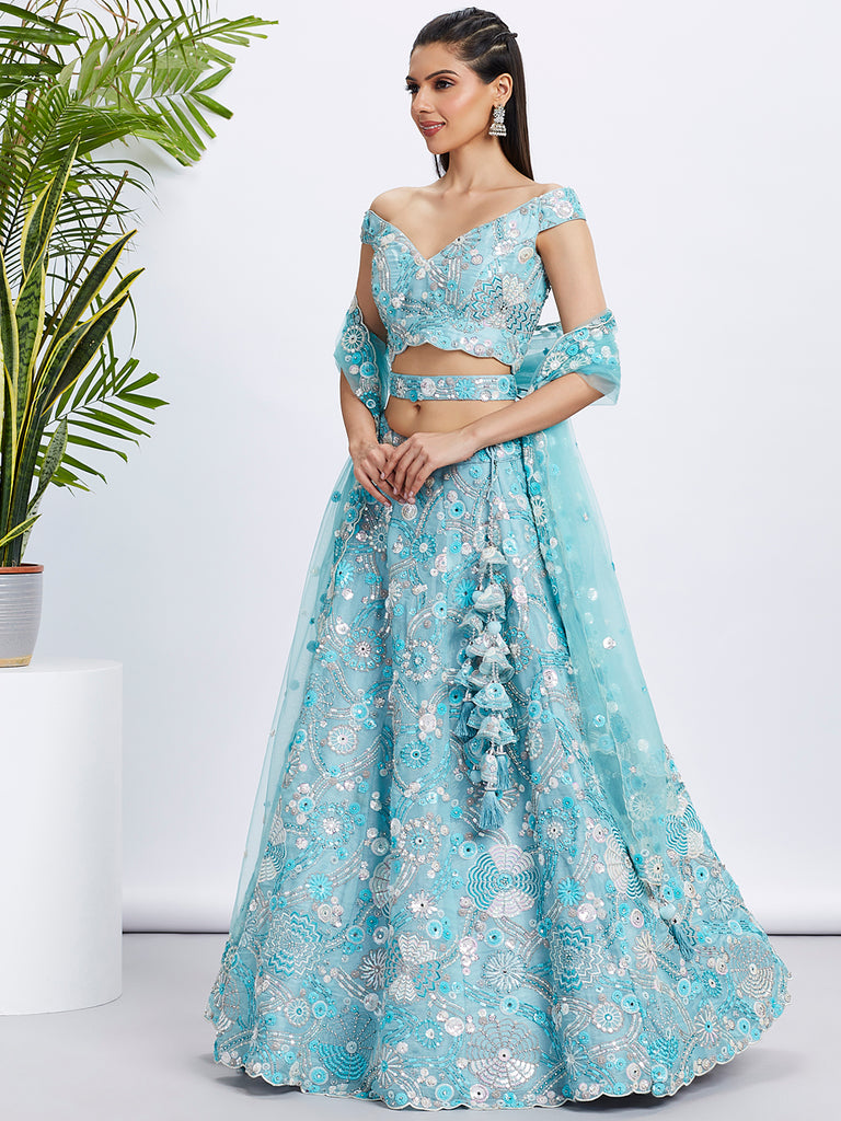 Sky blue Organza Sequins, Zarkan and thread embroidery Semi-Stitched Lehenga choli & Dupatta ClothsVilla