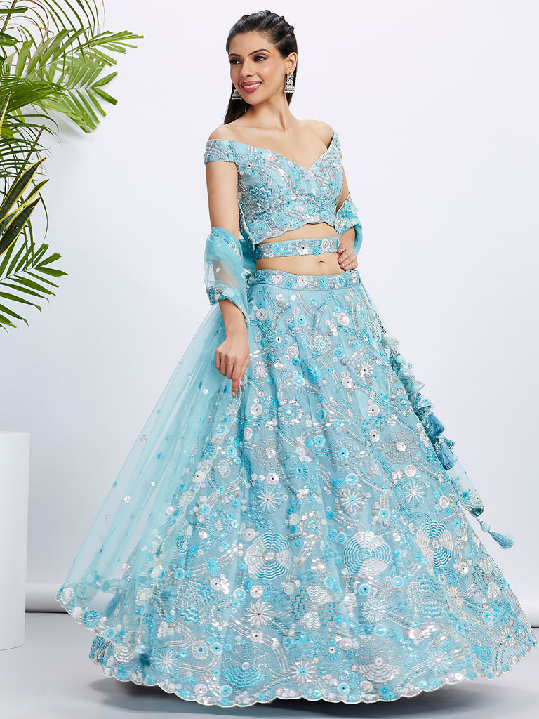 Sky blue Organza Sequins, Zarkan and thread embroidery Semi-Stitched Lehenga choli & Dupatta ClothsVilla