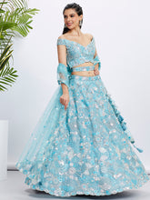 Load image into Gallery viewer, Sky blue Organza Sequins, Zarkan and thread embroidery Semi-Stitched Lehenga choli &amp; Dupatta ClothsVilla