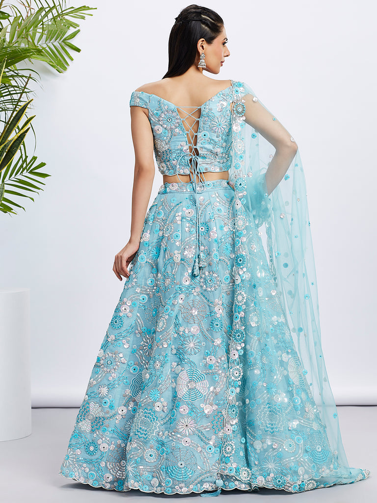 Sky blue Organza Sequins, Zarkan and thread embroidery Semi-Stitched Lehenga choli & Dupatta ClothsVilla