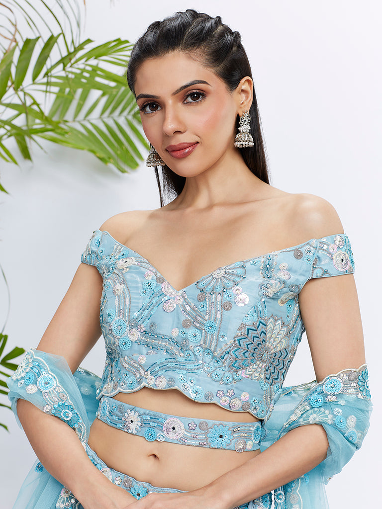 Sky blue Organza Sequins, Zarkan and thread embroidery Semi-Stitched Lehenga choli & Dupatta ClothsVilla