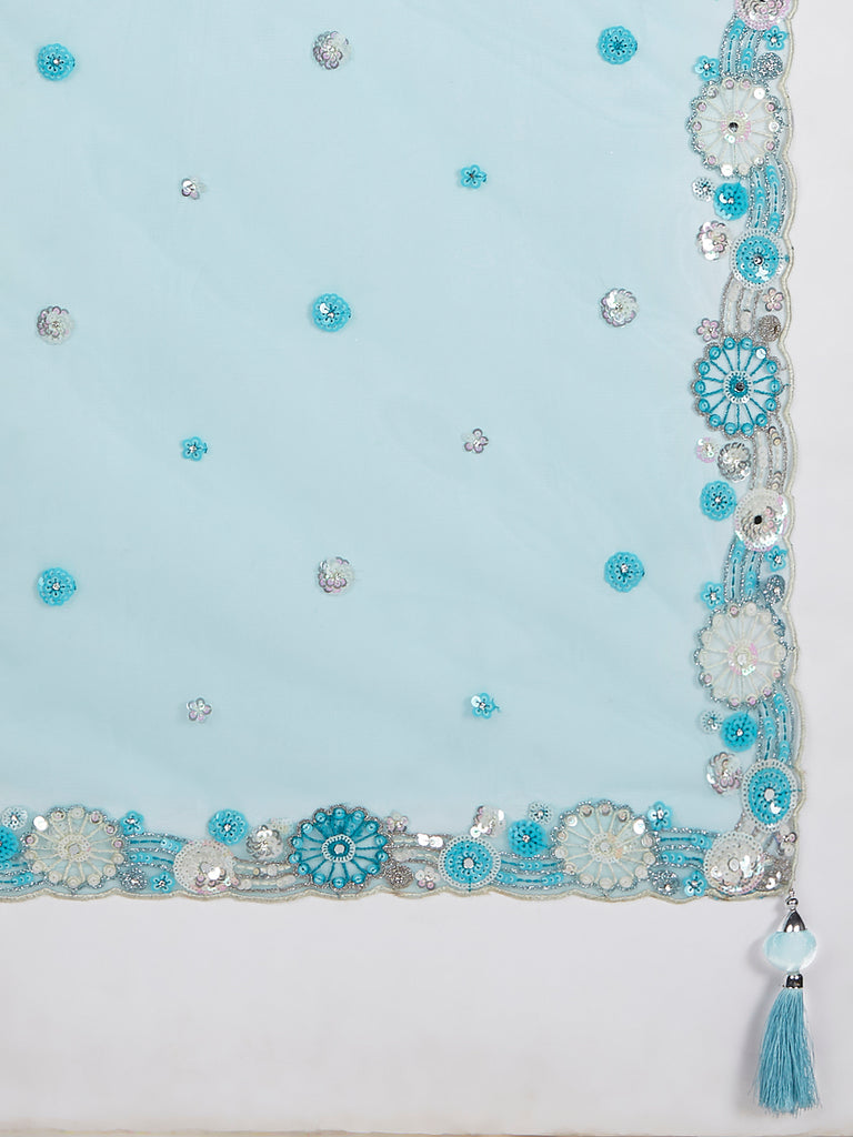 Sky blue Organza Sequins, Zarkan and thread embroidery Semi-Stitched Lehenga choli & Dupatta ClothsVilla