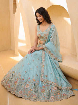 Organza Zarkan, Multi-Color Thread, Goldn Sequin Embroidered Lehenga Choli with Dupatta Clothsvilla
