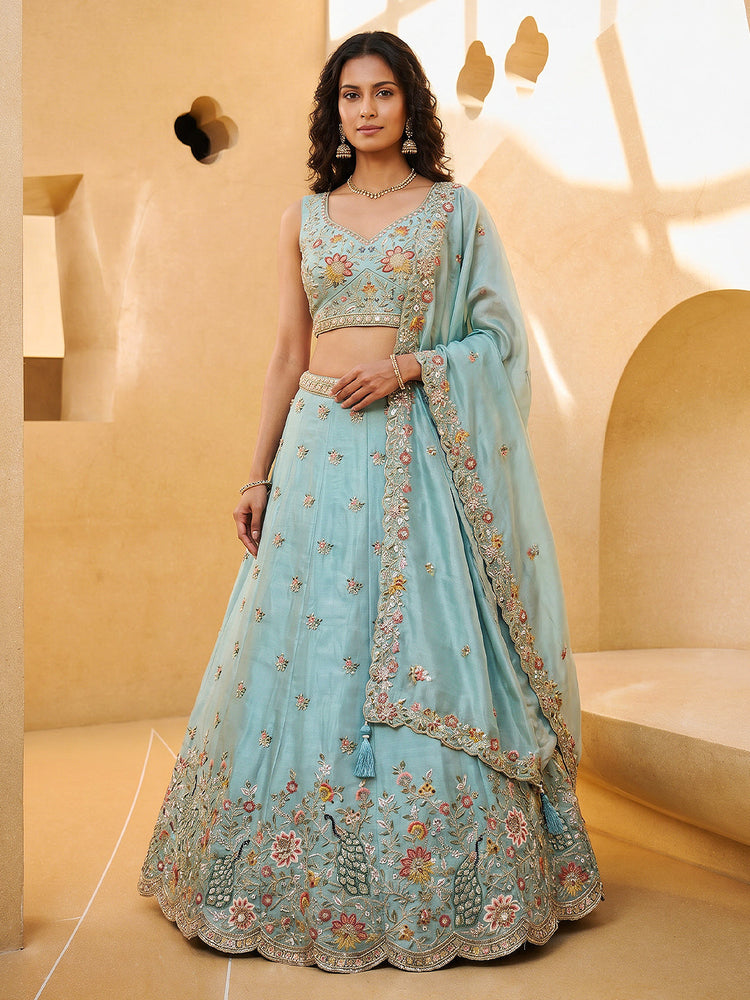 Organza Zarkan, Multi-Color Thread, Goldn Sequin Embroidered Lehenga Choli with Dupatta Clothsvilla