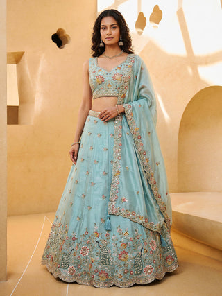 Organza Zarkan, Multi-Color Thread, Goldn Sequin Embroidered Lehenga Choli with Dupatta Clothsvilla