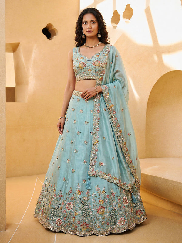 Organza Zarkan, Multi-Color Thread, Goldn Sequin Embroidered Lehenga Choli with Dupatta Clothsvilla