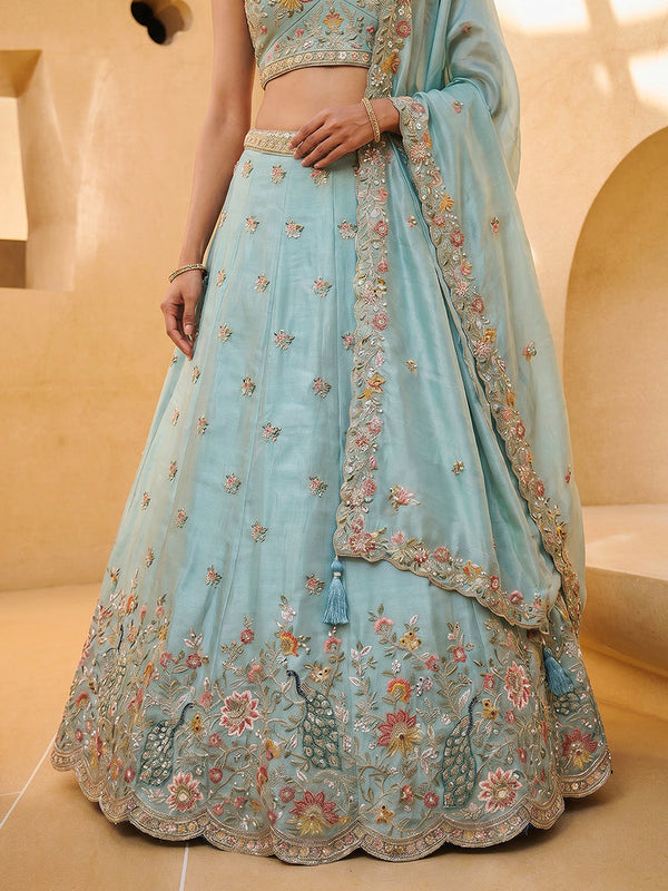 Organza Zarkan, Multi-Color Thread, Goldn Sequin Embroidered Lehenga Choli with Dupatta Clothsvilla