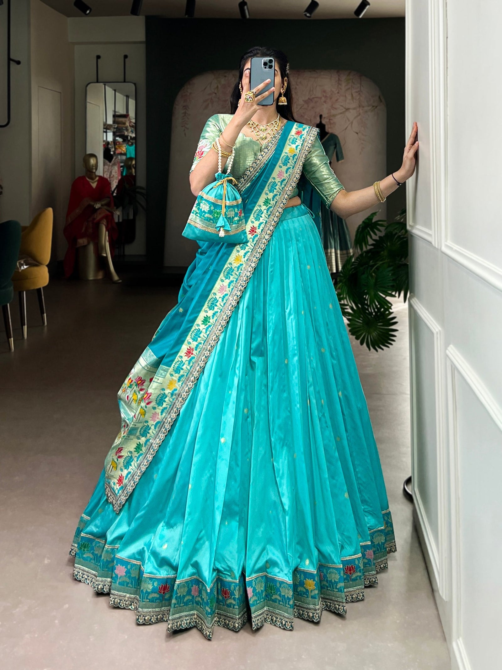 Sky Blue Paithani Lehenga Set with Batwa ClothsVilla