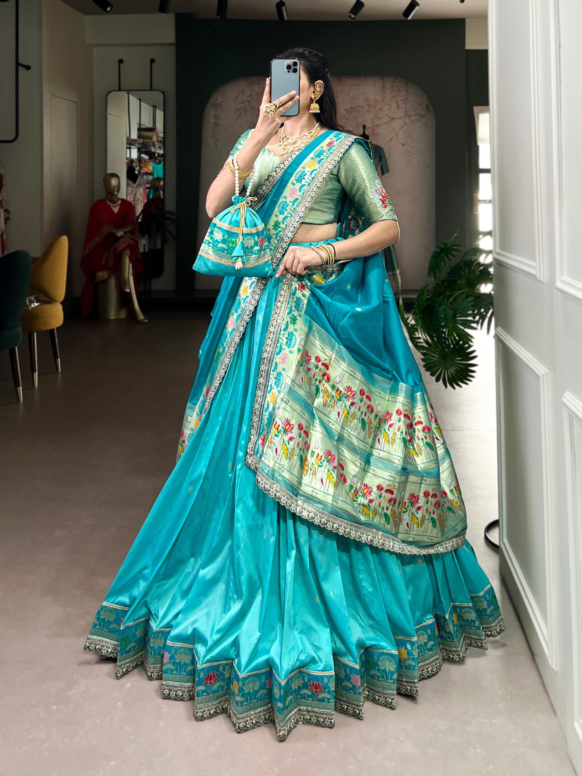 Sky Blue Paithani Lehenga Set with Batwa Secondary image