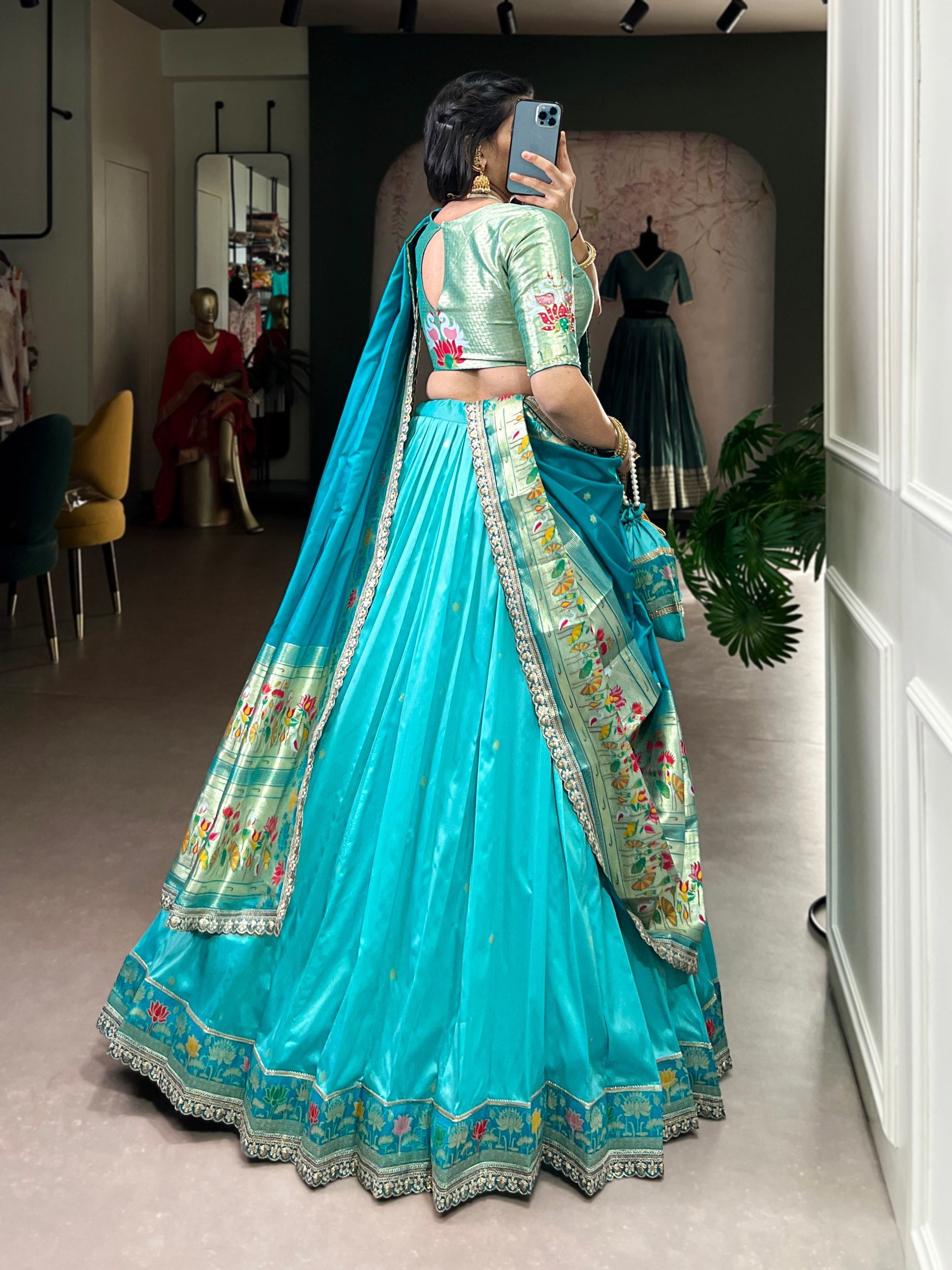Sky Blue Paithani Lehenga Set with Batwa ClothsVilla