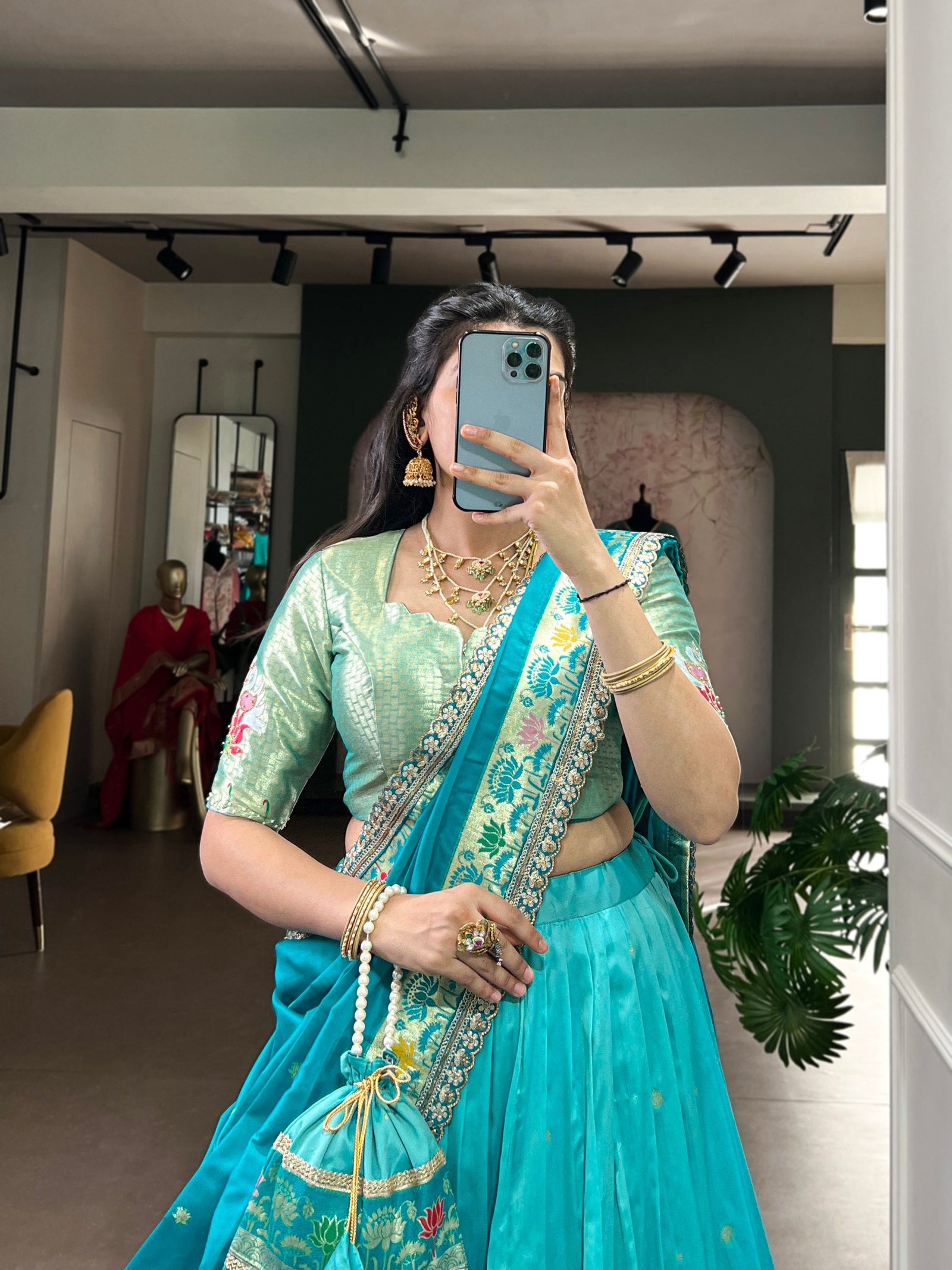 Sky Blue Paithani Lehenga Set with Batwa ClothsVilla
