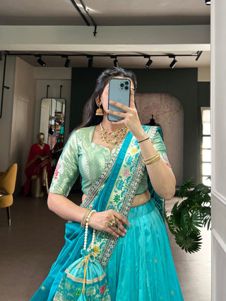 Sky Blue Paithani Lehenga Set with Batwa ClothsVilla