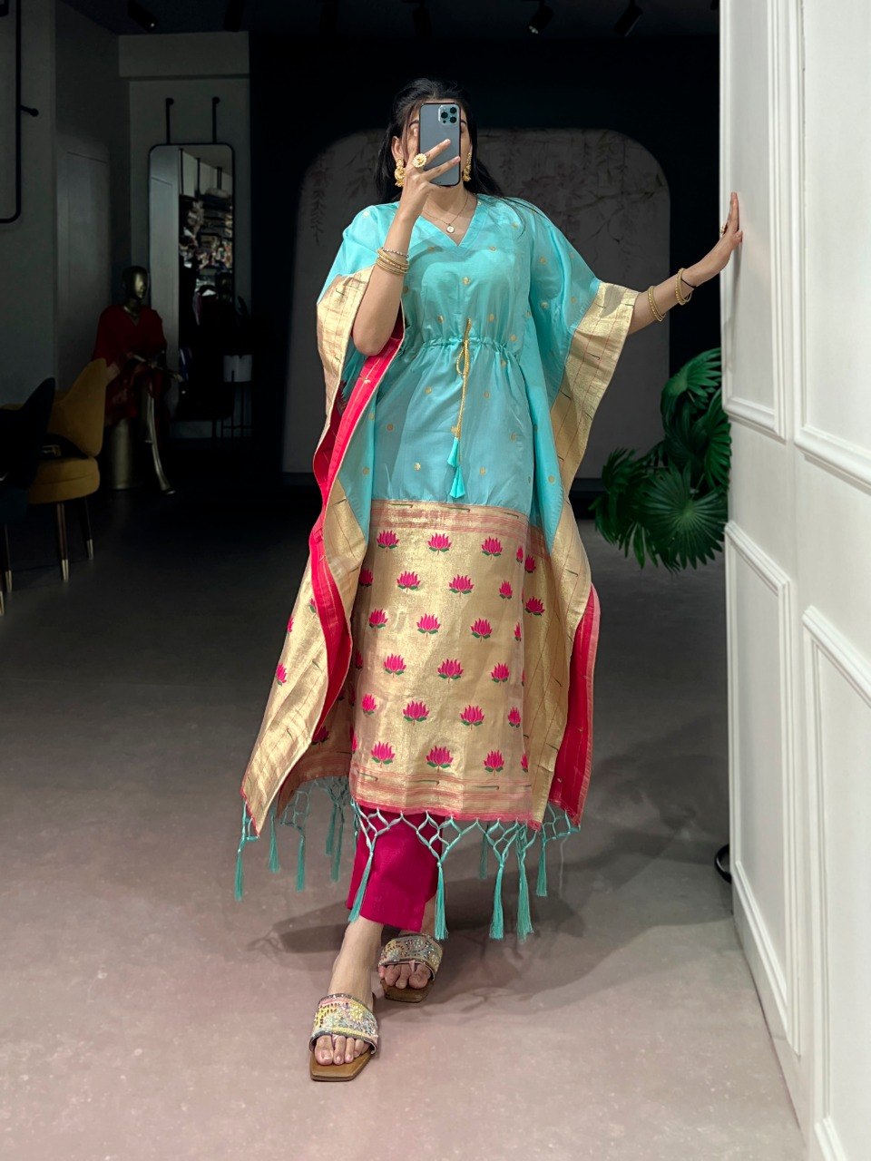 Sky Blue Paithani Zari Weaving Kaftan ClothsVilla
