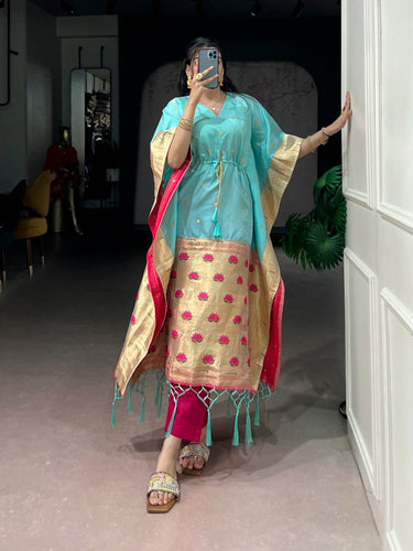 Sky Blue Paithani Zari Weaving Kaftan ClothsVilla