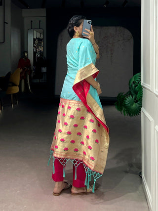 Sky Blue Paithani Zari Weaving Kaftan ClothsVilla