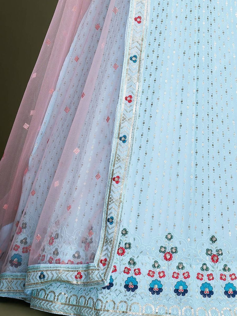 Sky Blue Pakistani Georgette Lehenga Choli For Indian Festivals & Weddings - Sequence Embroidery Work, Thread Embroidery Work, Clothsvilla