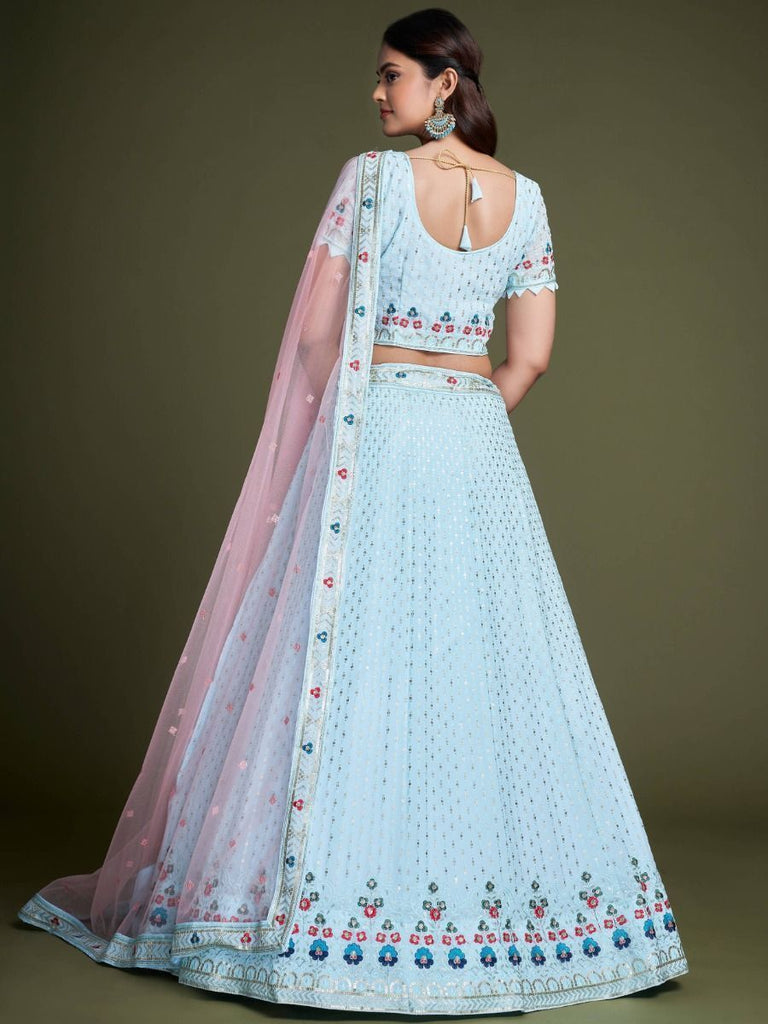 Sky Blue Pakistani Georgette Lehenga Choli For Indian Festivals & Weddings - Sequence Embroidery Work, Thread Embroidery Work, Clothsvilla