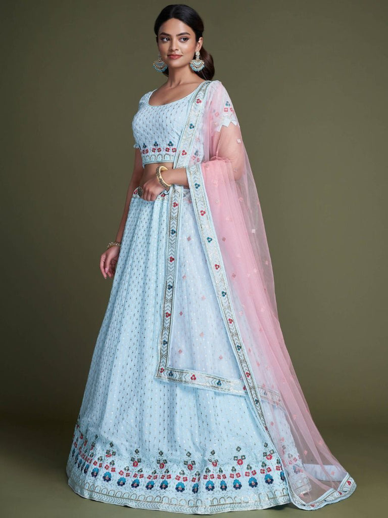 Sky Blue Pakistani Georgette Lehenga Choli For Indian Festivals & Weddings - Sequence Embroidery Work, Thread Embroidery Work, Clothsvilla