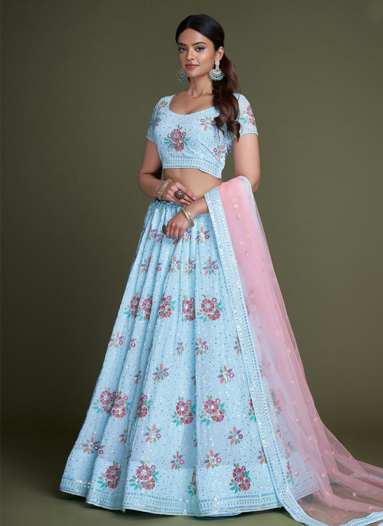 Sky Blue Pakistani Georgette Lehenga Choli For Indian Festivals & Weddings - Sequence Embroidery Work, Thread Embroidery Work, Clothsvilla