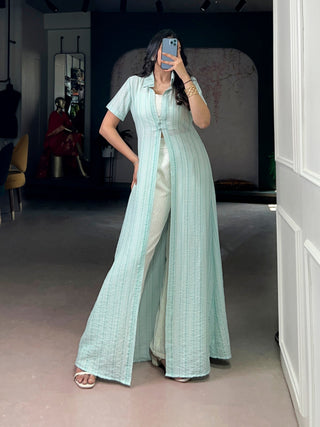 Sky Blue Pant Set with Striped Overlay Shrug ClothsVilla