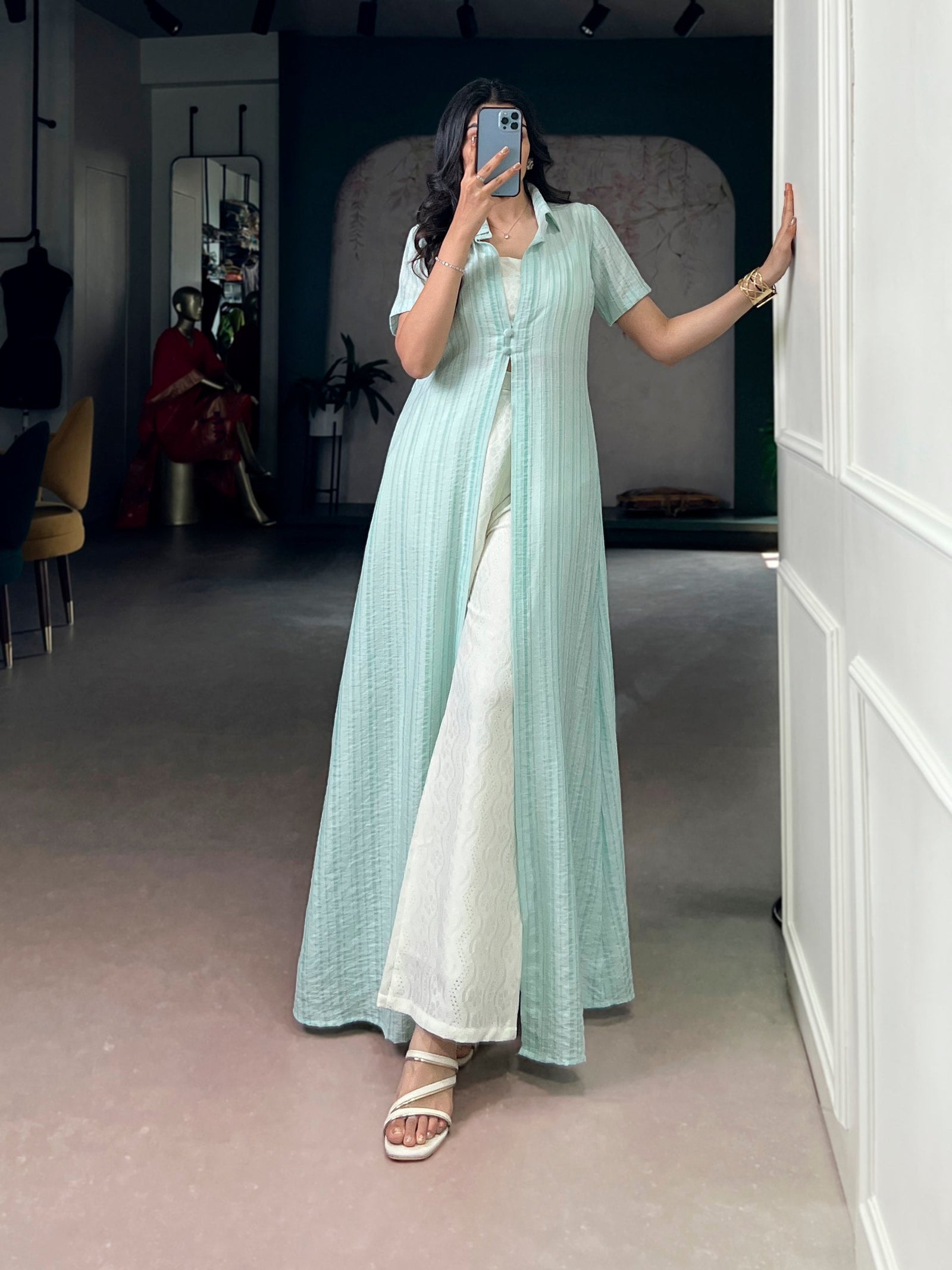 Sky Blue Pant Set with Striped Overlay Shrug ClothsVilla