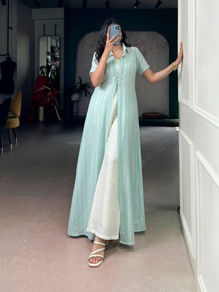 Sky Blue Pant Set with Striped Overlay Shrug ClothsVilla