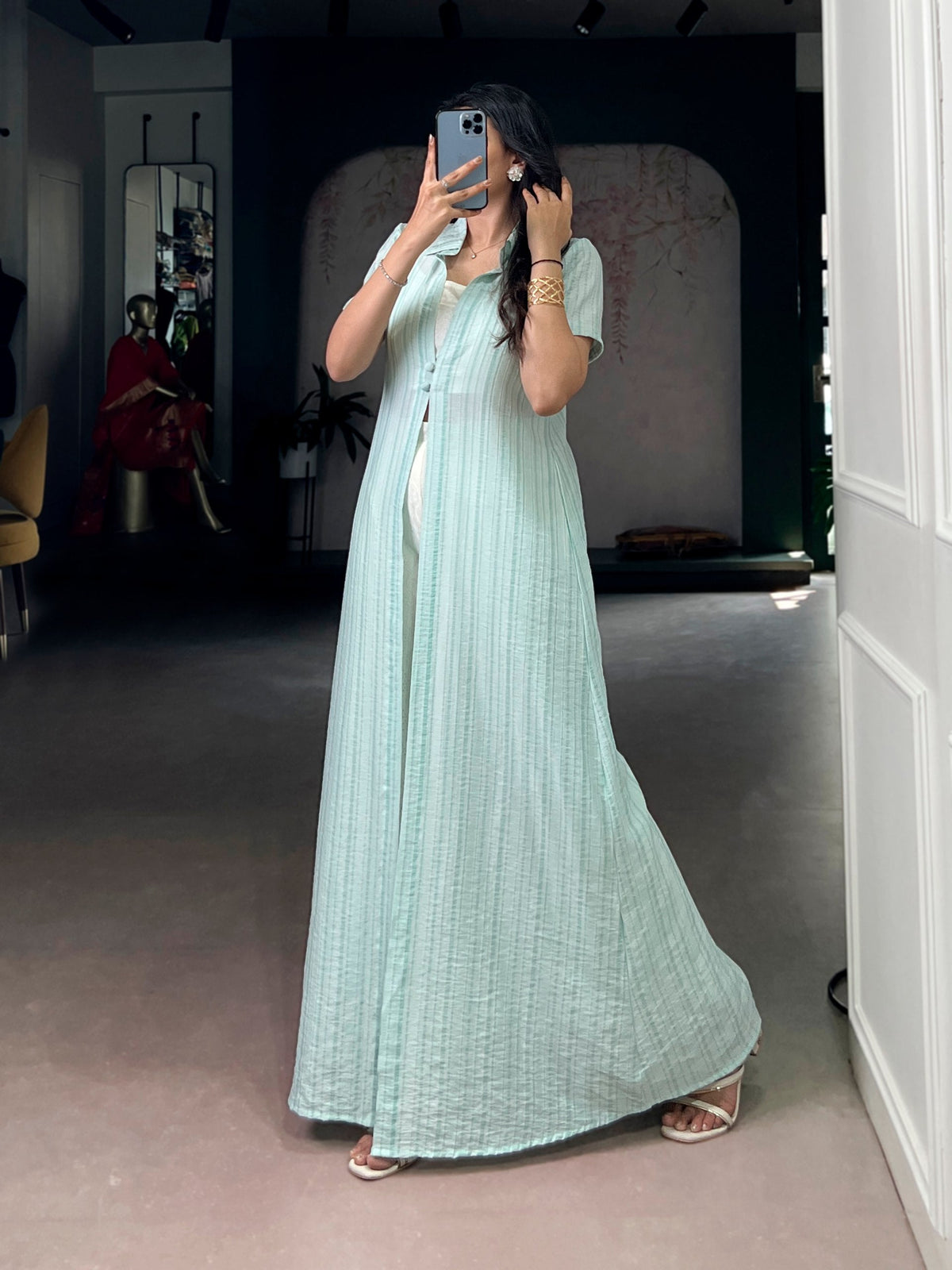 Sky Blue Pant Set with Striped Overlay Shrug ClothsVilla