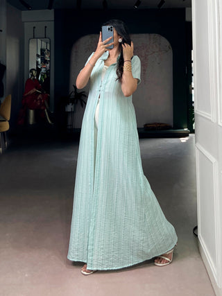 Sky Blue Pant Set with Striped Overlay Shrug ClothsVilla